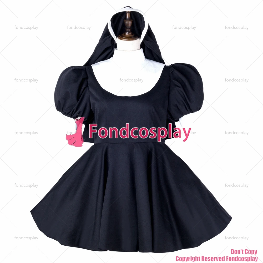 fondcosplay adult sexy cross dressing sissy maid black cotton nun dress lockable Uniform headpiece costume CD/TV[G2236]