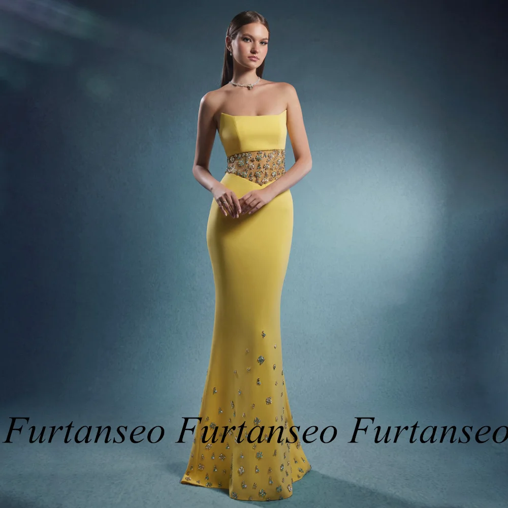 

Yellow Party Dresses Strapless Sleeveless Crystal Beading Mermaid Prom Gown for Pageant Sweep Train Robe Soiree Evening Dress