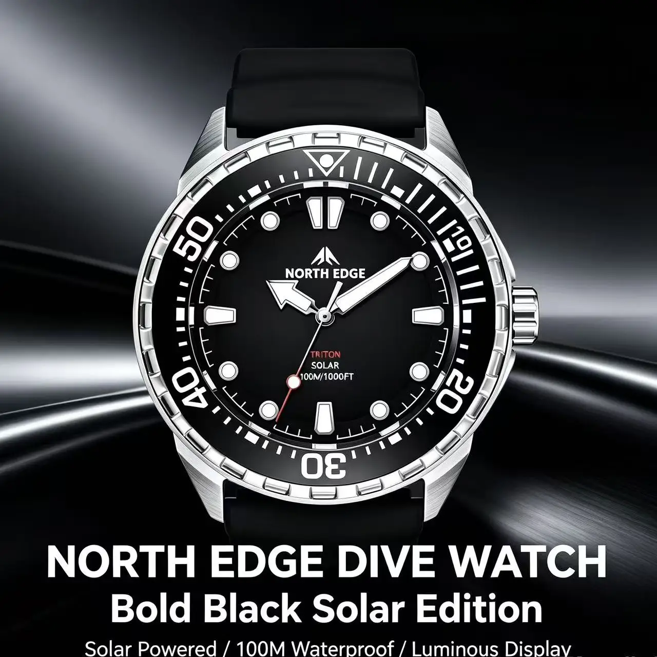 Men Solar Powered Diving Watch NORTH EDGE TRITON 316L Stainless Steel 300M Waterproof Luminous Quartz Sport Wristwatch