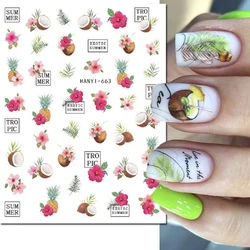 3d Nail Art Decals Summer Coconut Tropical Leaves Pink Flowers Adhesive Sliders Nail Stickers Decoration For Nail Tips Beauty