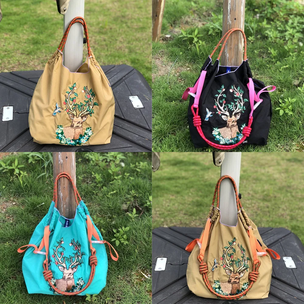 New Elk Embroidery Eco Bag Designer Women Shoulder Bags Large Rope Handle Handbags Nylon Shopper Purses Drawstring Tote Bag Chic