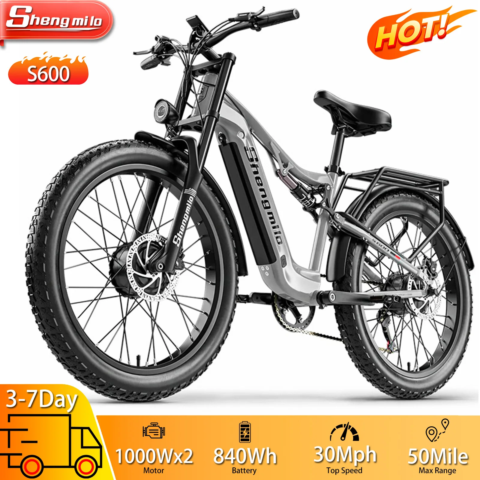 

Электровелосипед Shengmilo S600, 26 дюймов, с толстыми шинами, двойным двигателем 1000 Вт, полностью амортизированный, для взрослых, 840 Вт·ч, максимальная скорость 48 км/ч, ЖК-дисплей