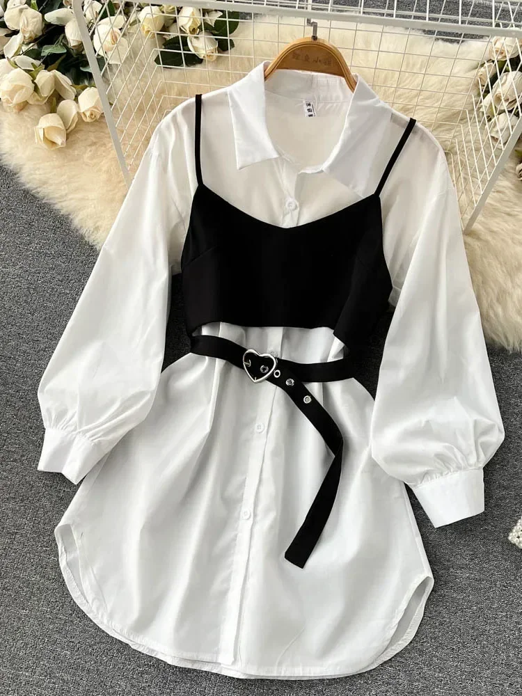 Women Spring Sautumn Dresses Temperament and High-end Small Camisole Two-piece Set Collar Long-sleeved White Vestidos D1692