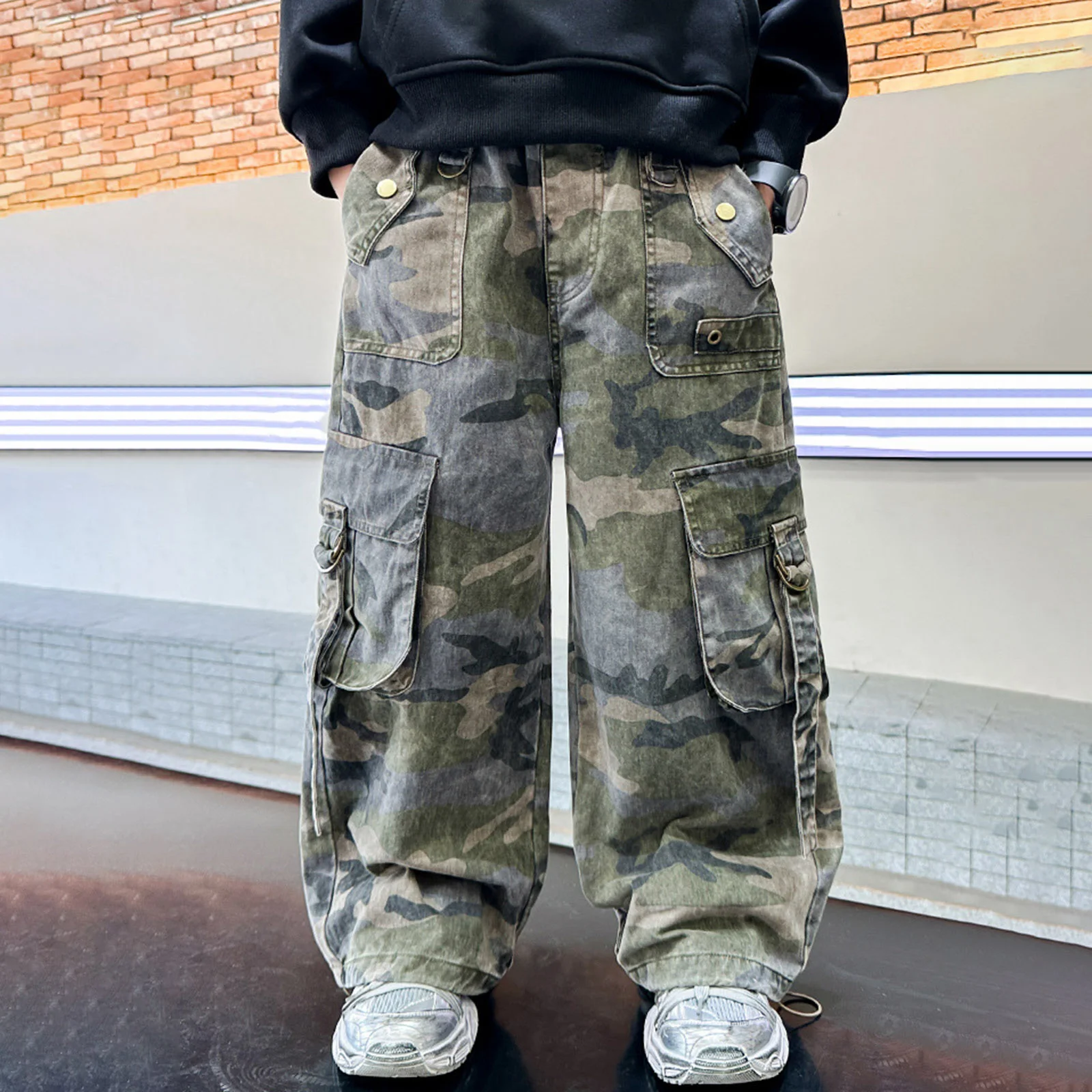 

Boys Spring Fall Pants Medium Large Kids' Vintage Printed Workwear Trousers Casual Loose Fit Straight Leg Sweatpants For Kids