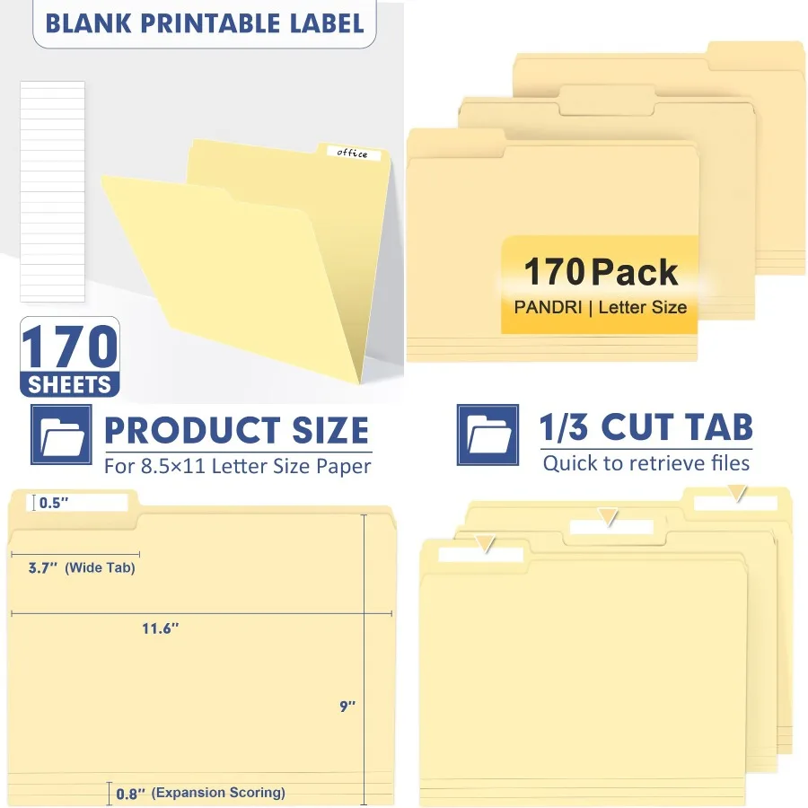 

File Folder PANDRI 170 Pack File Folder 1/3 Cut Tab Letter Size Filing Folder for Office School Business Manila Envelope Storag
