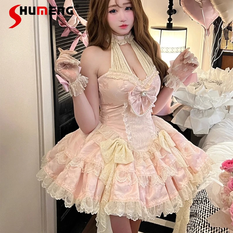 

Pink Princess Style Lolita Ball Gown Dress New Women's Slim Fit Off-Shoulder Halter Sexy Mini Dress Sweet Elegant Birthday Dress