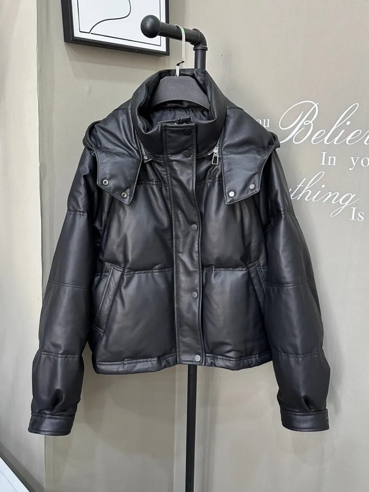 جديد أزياء المرأة المتضخم أسفل سترة مقنعين فضفاضة تناسب جلد الغنم سترة جلدية حقيقية عارضة الشارع الشهير معطف الشتاء الدافئ #2