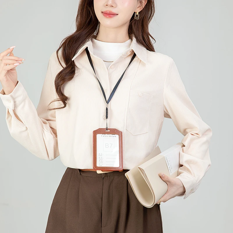 Autumn Winter Vintage Corduroy Women's Blue Blouses One Pocket Single Breasted Office Casual Loose Shirts Tops Female 2025 New