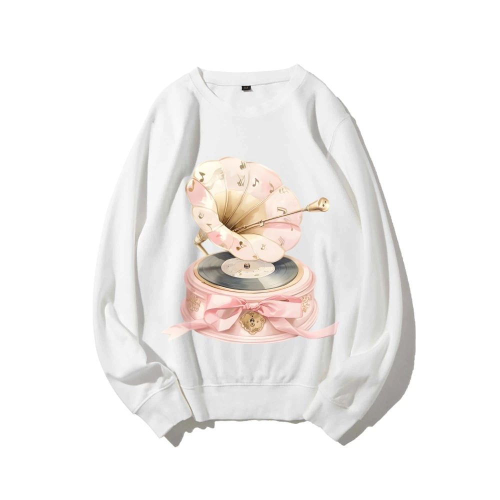 Grafisch sweatshirt roze grammofoonprint retro melodieus nostalgisch Y2K-stijl zachte stof voor muziekliefhebbende casual sweatshirt