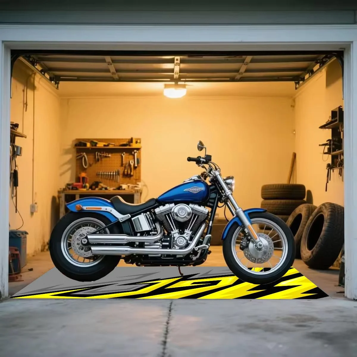VIKAMA Yellow Black Angular Racing Pattern Motorcycle Pit Mat Non Slip Waterproof Oilproof Rug Garage Parking Workshop Decor