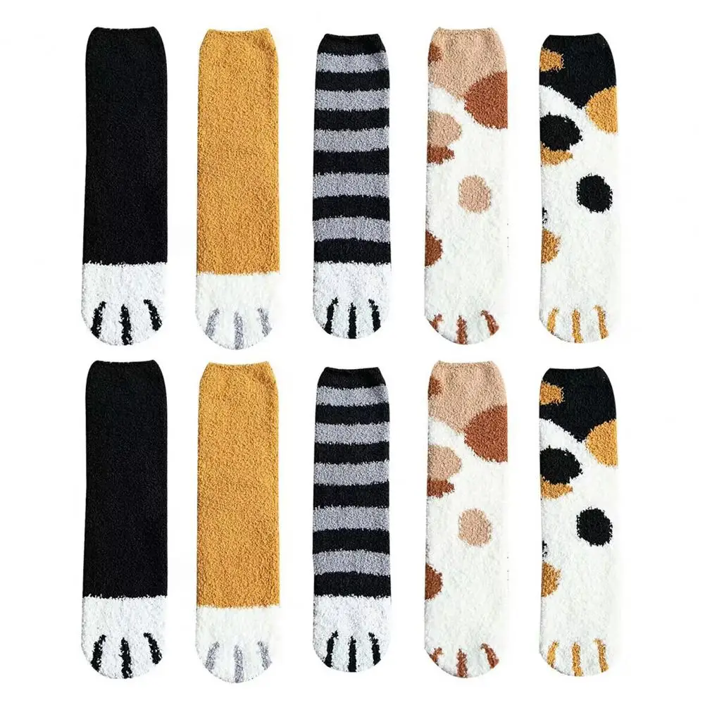 Animal Design Mid-calf Socks Cozy Cartoon Cat Paw Women's Socks Bundle 10 Pairs of Thick Coral Fleece Mid Tube Socks for Daily