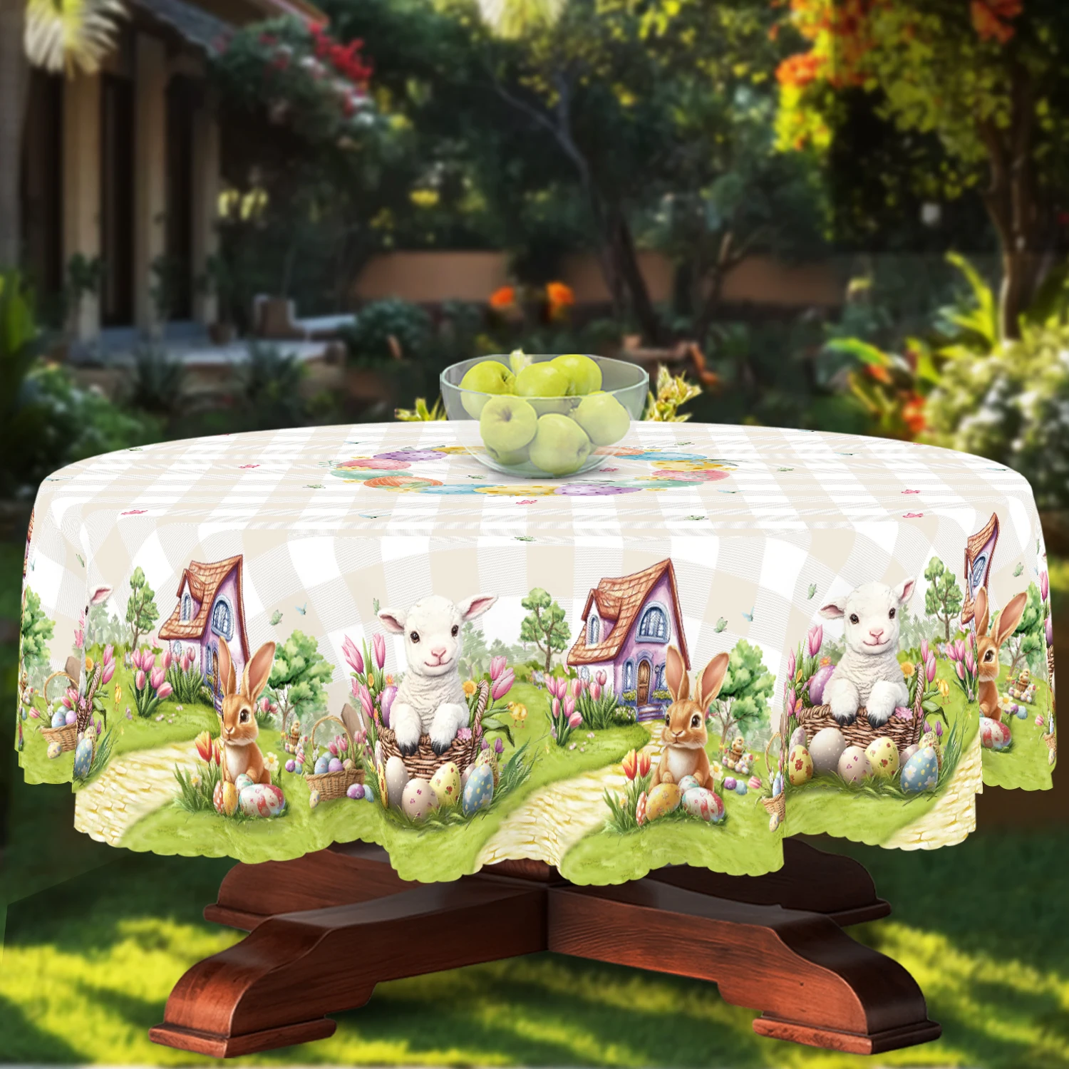 Pastoral Easter-Themed Tablecloth, Featuring Cute Animals, Rabbits, Easter Eggs, Houses, Tulips and Other Flowers, Butterflies, Classic Plaid Style Print, Multiple Size Options, Embossed Edges, Waterproof, Wrinkle-Resistant, Fade-Resistant, Available in Round and Rectangular Shapes, Suitable for Indoor and Outdoor Dining Tables in Spring, Summer, Autumn, and Winter, Ideal for Home, Kitchen, Restaurant, Terrace, Courtyard Use, Buffet Outdoor Parties and Camping, Perfect as a Gift H187