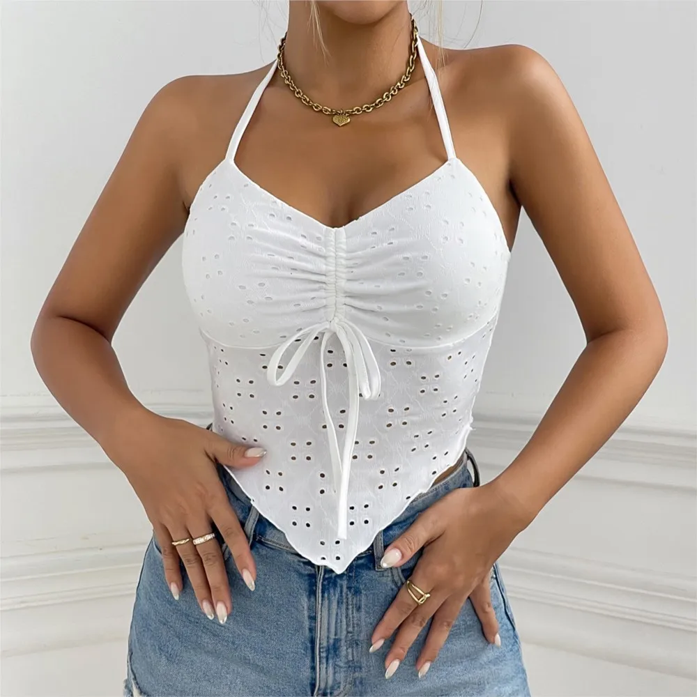 

Halterneck Strappy Vest Hot Girl Summer Women's Clothing Sexy Slim Drawstring Irregular Suspender Solid Color Top Ropa Mujer
