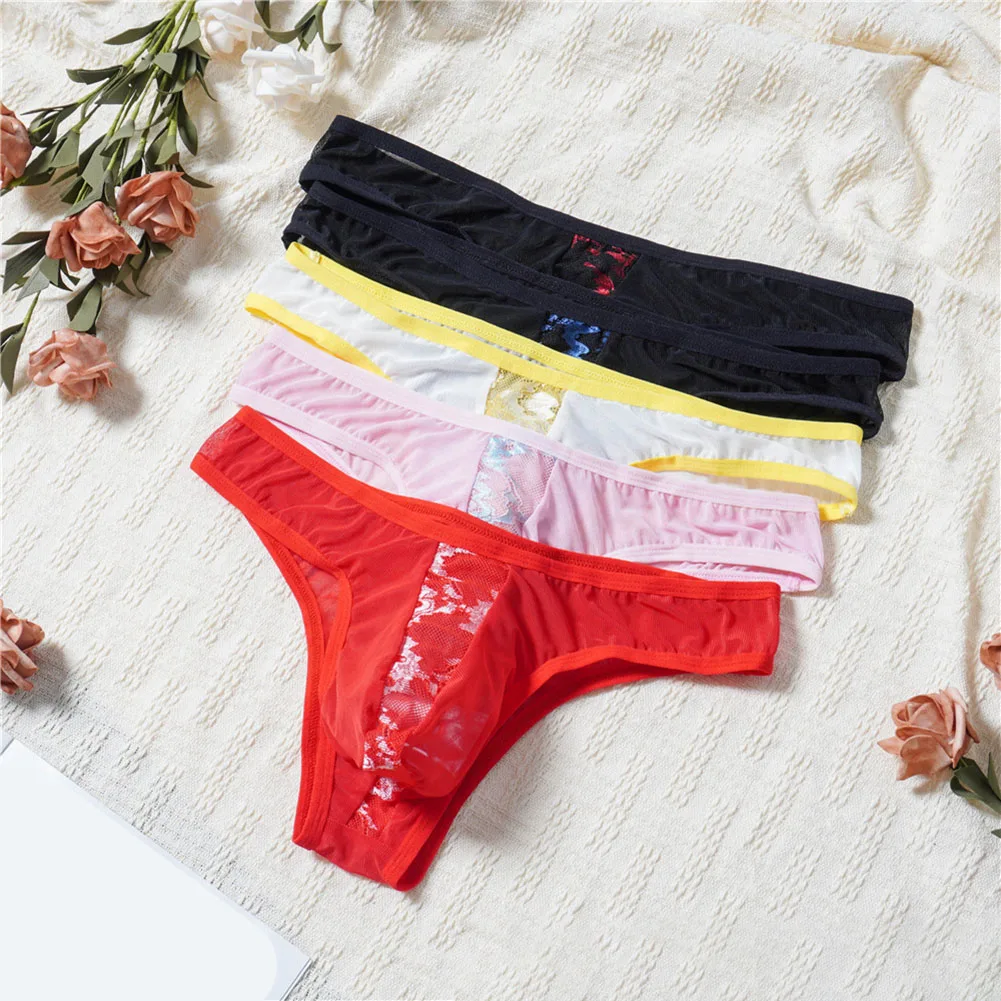Men Floral Lace Contrast Color Bikini Mesh Underwear For Man Gay Sissy Bulge Pouch GString Panties Sexy Accessories Hot Thongs