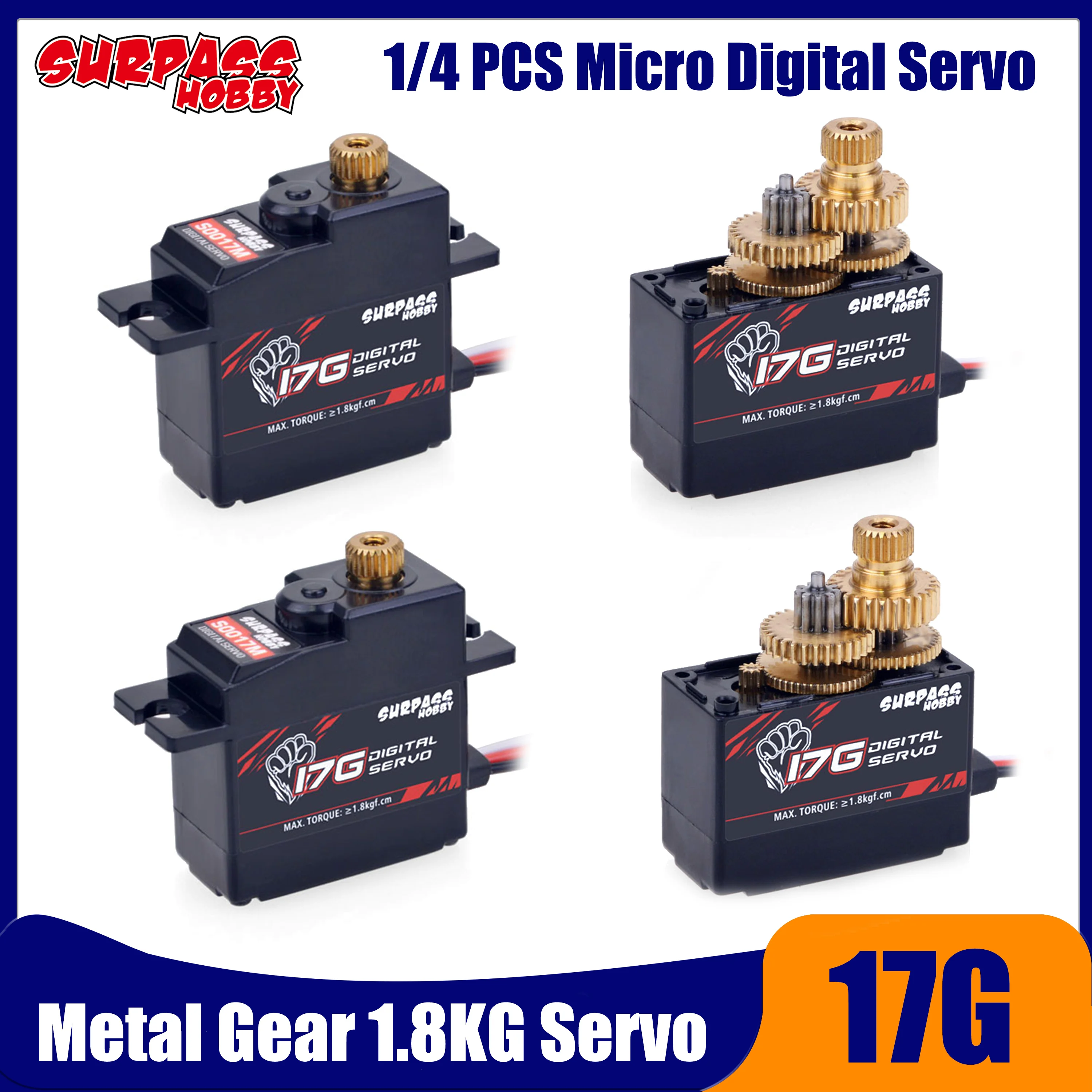 

1/4PCS SURPASS HOBBY 17G Metal Gear Mini Digital Servo for 1/18 1/16 RC Car Truck Airplane Glider Robot Boat D90 MN WPL Wltoys