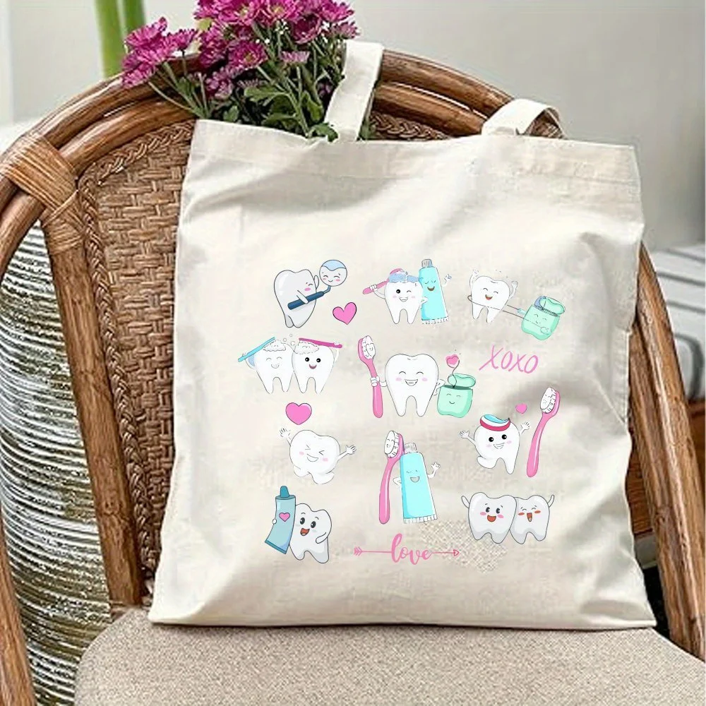 A Minimalist Style Tooth Print canvas tote bag, suitable for daily use, shopping, school, and travel