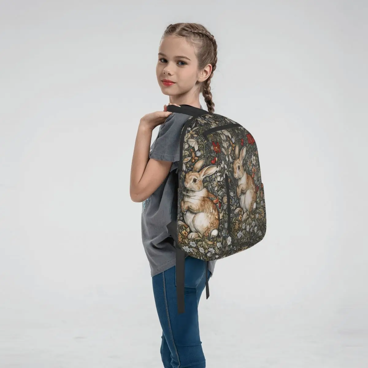 Vintage Flowers And Rabbit Backpack Large Capacity Children BookBag School Bag Shoulder Bags for Men Women