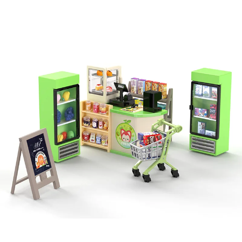 DIY escena en miniatura montaje modelo a juego Mini tienda de conveniencia caja registradora carrito de compras estante juguetes para jugar a las casitas para niños