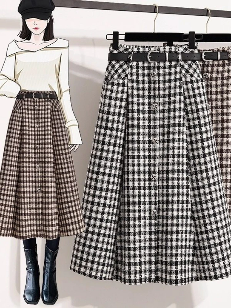 Small Fragrant Style Elegant Office Tweed Plaid Skirt Women Slimming Vintage Style High Waist Commute A-Line Pleated Skirt