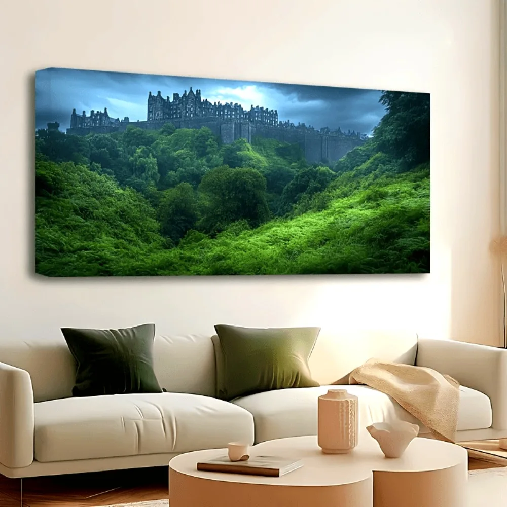 1.5 inch thick pine solid wood frame, Forest castle poster canvas painting, modern home wall decoration, interior decoration