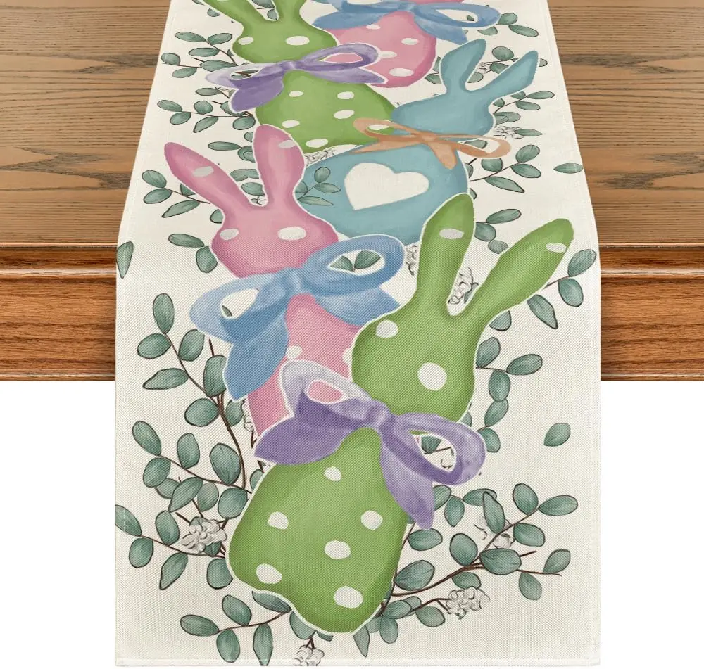 Pink Green Eucalyptus Dots Bunny Rabbit Easter Linen Table Runner Spring Kitchen Dining Table Runner Farmhouse Home Party Decor