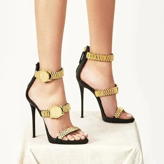 Women Black Leather Gold Watch Band Ankle Strap Heel Sandals Open Toe Stiletto Party Shoes Luxury Statement Footwear for Events
