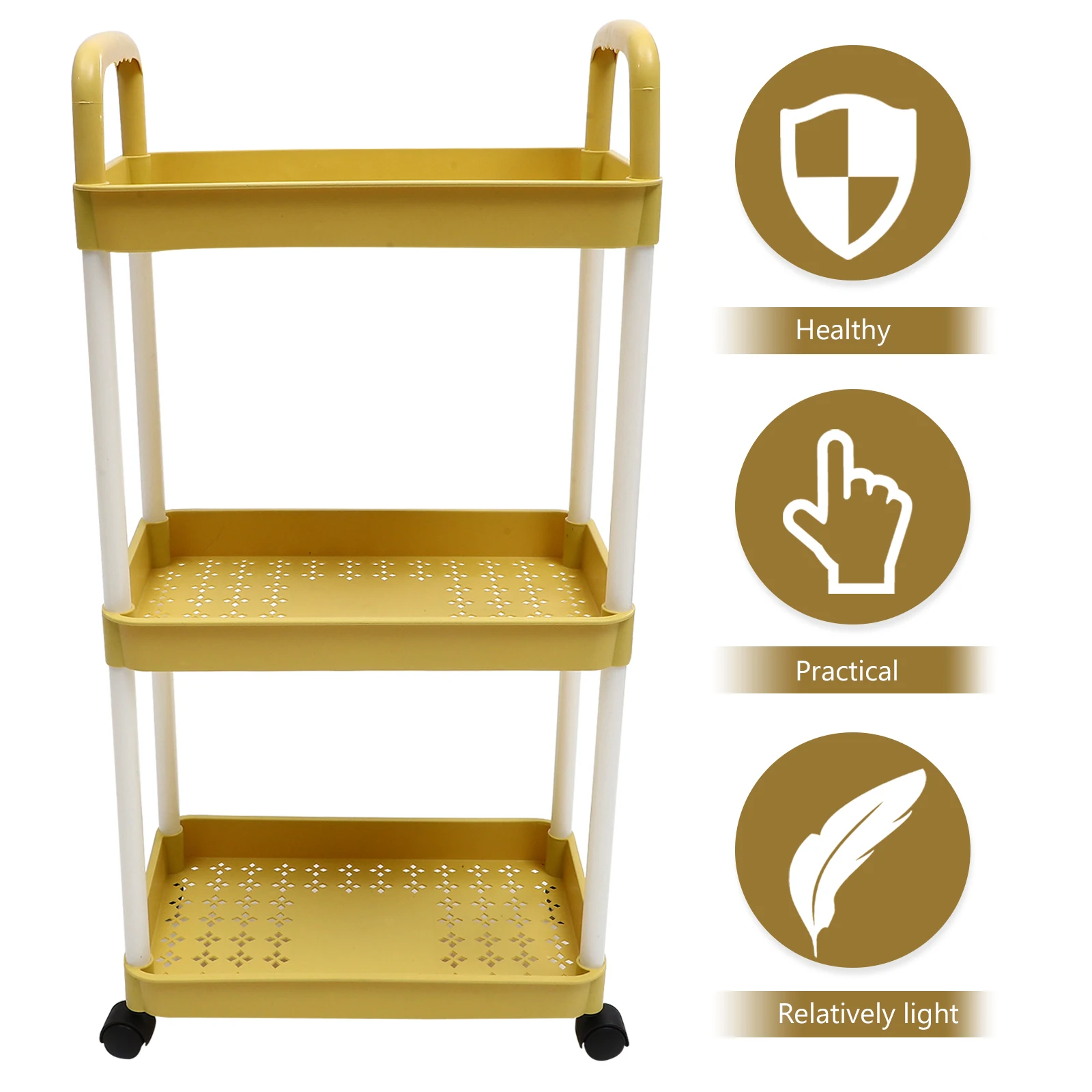 

Multi functional Storage Trolley 3 Layers Yellow Rolling Cart Hooks Wheels Kitchen Bedroom Bathroom Home Snack Spice Rack