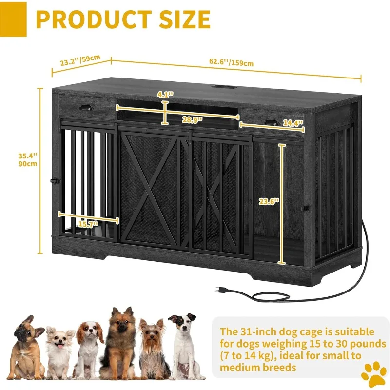 63 Inch Double Dog Crate TV Stand with Power Outlet, Heavy Duty Wooden Dog Crate Furniture for 2 Dogs, Dog Kennel Indoor