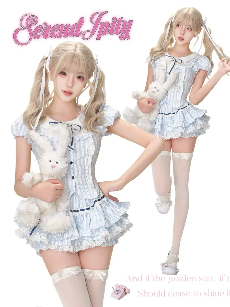 Estate giapponese Kawaii Lolita elegante set da 2 pezzi da donna stile preppy Y2k design gonna abito femminile principessa dolce chic abiti