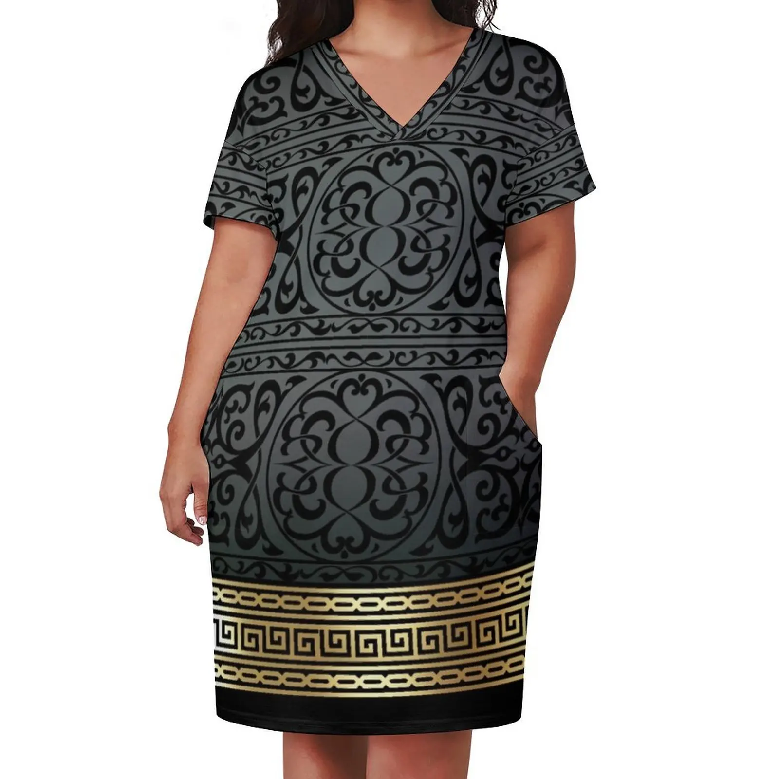 Greek Key Ornate Black & Gold Loose Pocket Dress dress women summer dress party night Casual dresses