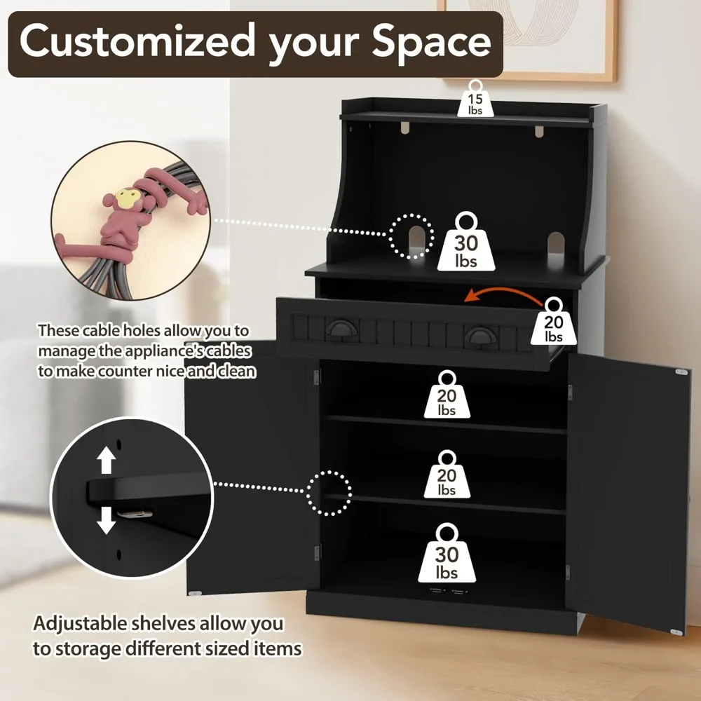 54 Freestanding Kitchen Pantry Storage Cabinet with Doors and Adjustable Shelves, Microwave Oven Cabinet with Drawer for Kitchen
