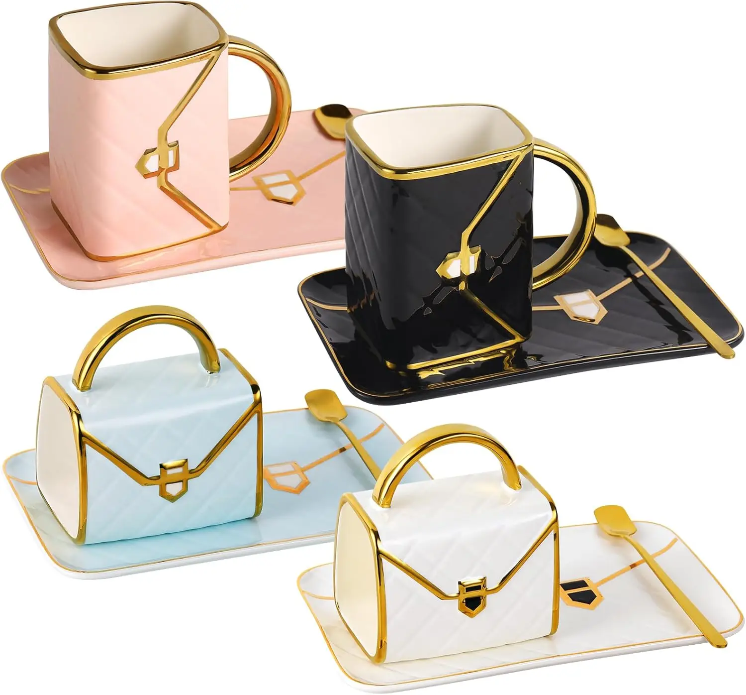

4-Pack Handbag Coffee Mugs with Saucers, Ceramic Travel Tea Cups for Women Men Gifts