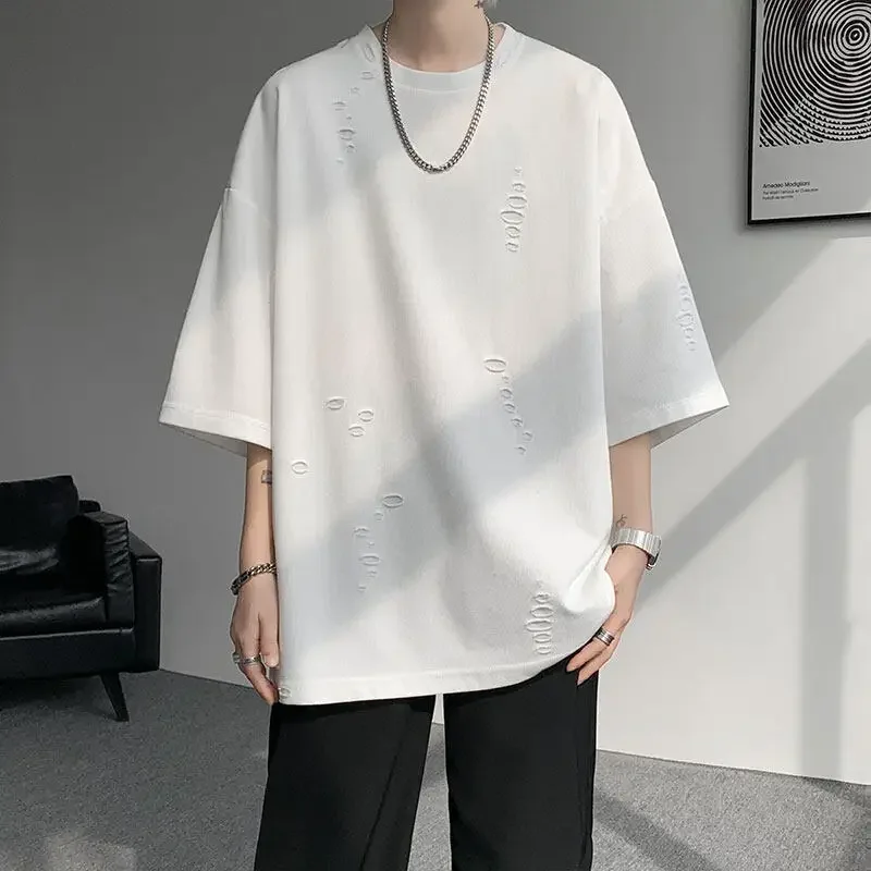 

LIBIELIY Summer Hip Hop Hole T-Shirts Men Loose O-Neck Short Sleeve Streetwear Tshirt Male Youthful Vitality Casual Patchwork Te
