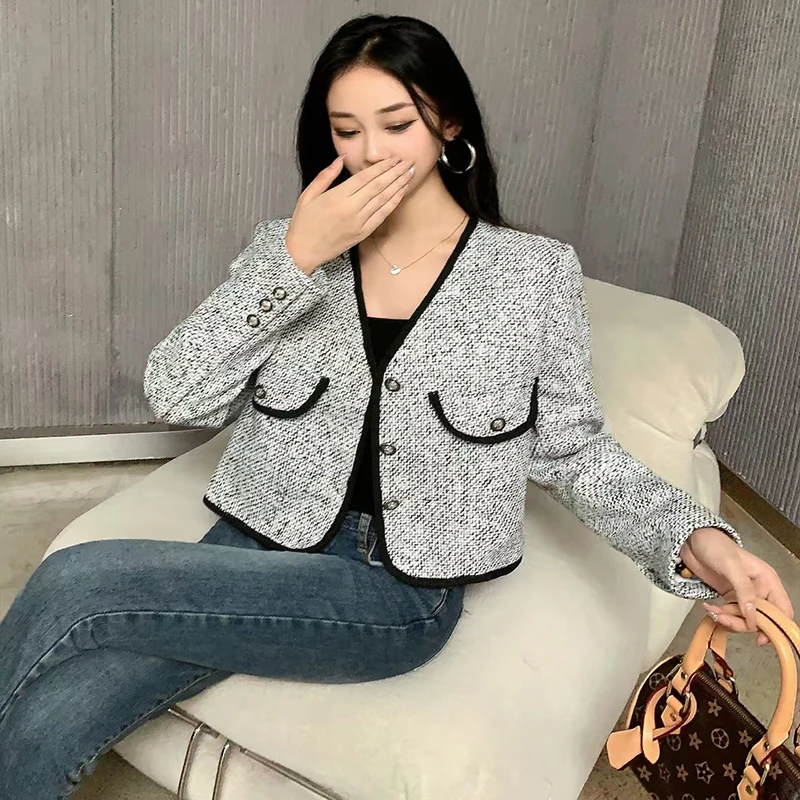 Chaqueta corta de estilo coreano para mujer, traje gris de alta calidad, moda de otoño e invierno, abrigo elegante con cuello en V, traje de oficina para mujer 2024