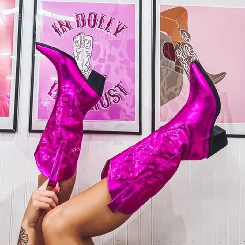 

Sewing Knee High Boots Cool Wild Woman Shiny Patent Leather Chunky Low Heel Pointed Purple Green Fluorescent Gladiator Booties