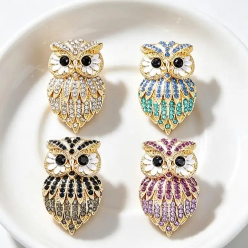 (Ce14)Gold Plated Rhinestone Inlaid Owl Brooch Shiny Look Various Color Options For Daily Wear Parties Special Occasion Gifts