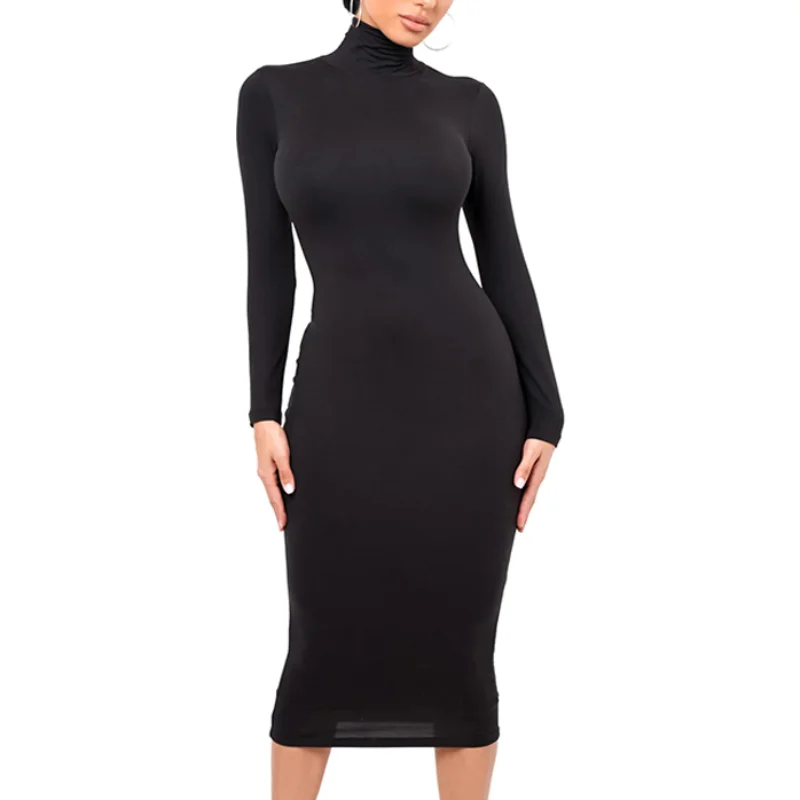 

Winter Black Turtleneck Sexy Women Dress Autumn Long Sleeve Skinny Midi Boydcon Casual Blue Plush Knee-Length Party Club