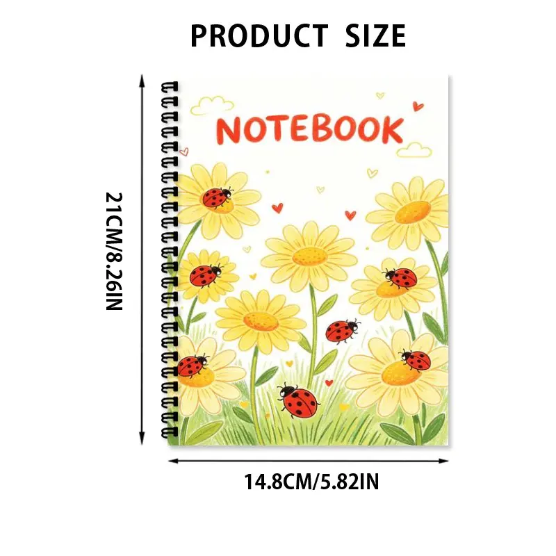 A5 Spiral Notebook Cute Yellow Daisy Ladybug Print Office Stationery Daily Planner Birthday Gift for Animal Enthusiasts Suitable