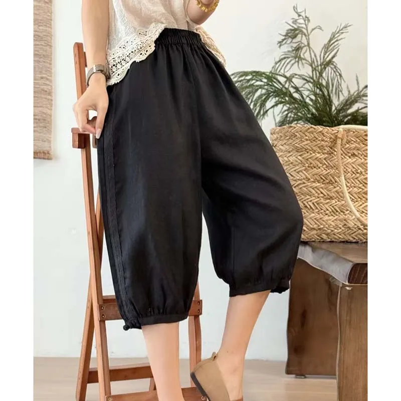 Summer Cotton Linen Casual Bloomers New Women's Simple Versatile Solid Color Loose Shorts Plus Size Retro Five-point Harem Pants