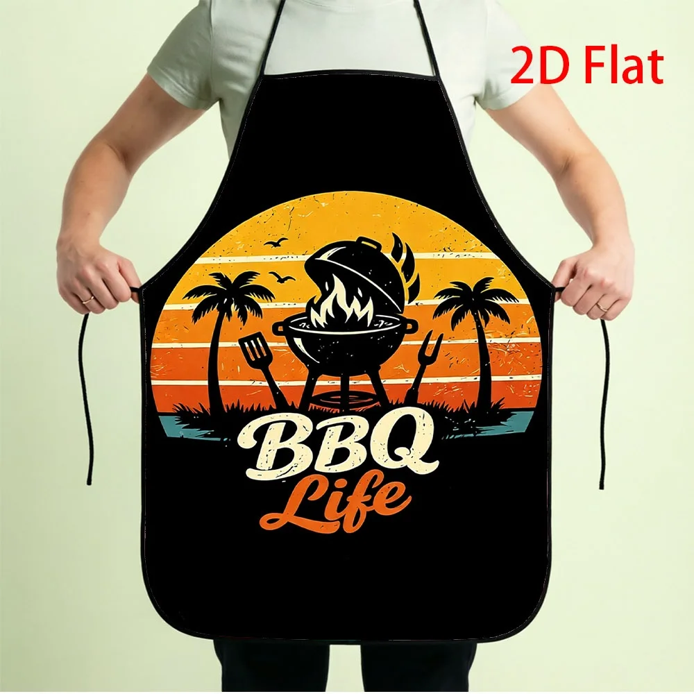 Vintage BBQ Life Apron, Retro Sunset Palm Tree Grill Print Waterproof Kitchen Bib, Funny Summer Outdoor Cooking Gift for Men