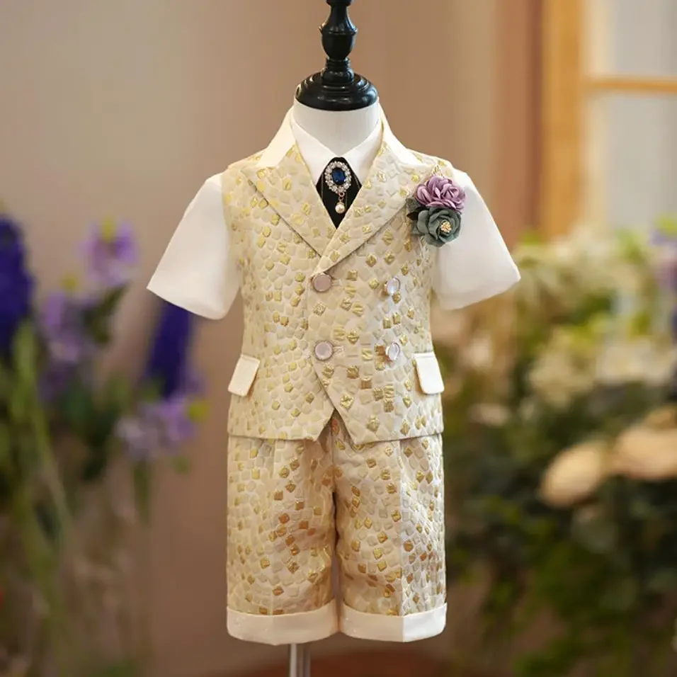 New Children's Formal Vest Suit Wedding Birthday Baptism Party Gown Kids Piano Performance Costume Boys Waistcoat Sets A2847