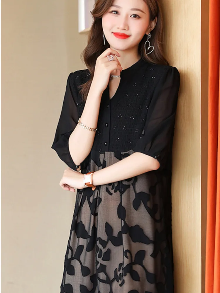 #8024 Vintage Chiffon Midi Dress Half Sleeve Embroidery A-line Dress Ladies Half Open Collar Buttons Split Joint Double Layer 