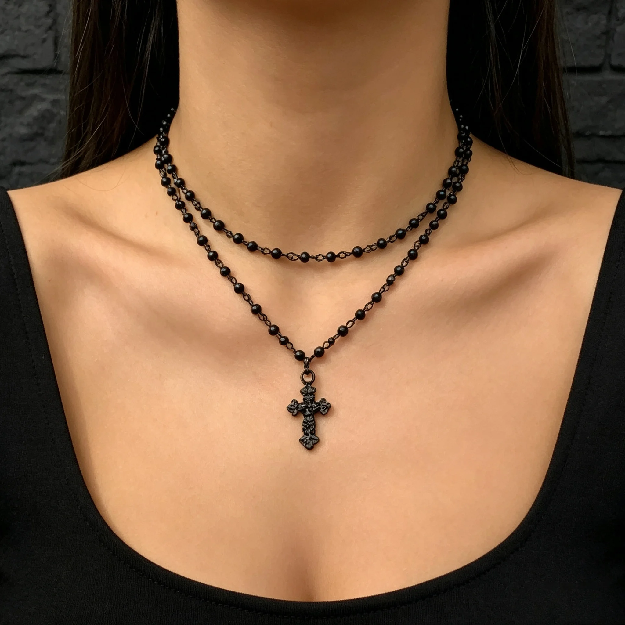 Gothic Black Beaded Layered Choker Necklace Vintage Ornate Cross Pendant Double Chain Women Dark Punk Jewelry