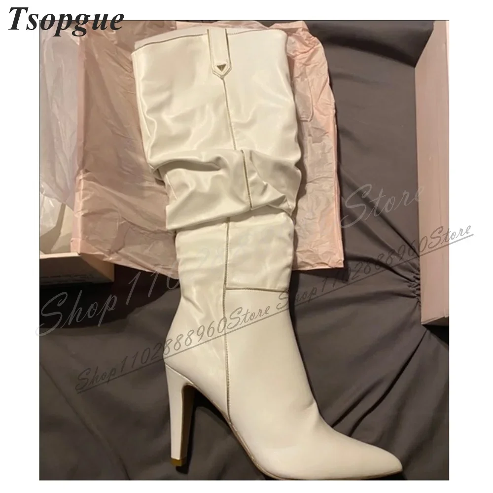 أنيقة الركبة عالية الأبيض مطوي الأحذية الجلدية سبايك أحذية عالية الكعب للنساء الجانب سستة أشار تو 2024 Zapatos Para Mujere