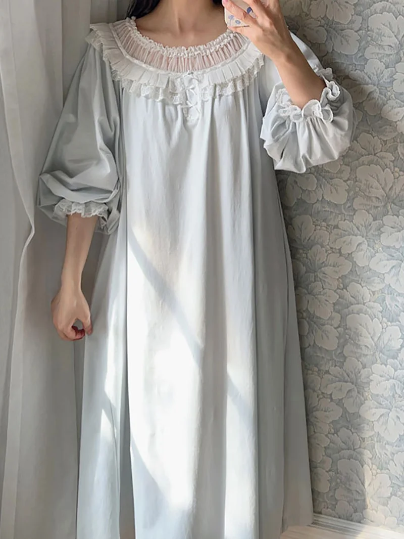 Fairy Victorian Nightwear Women Spring Delicate Lace Flower Long Sleeve Pure Cotton Vintage Princess Ruffles Pajamas Home Dress