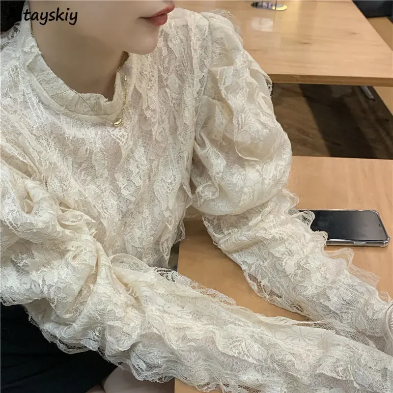 Vintage Blouses Women French Style Lace Printed Designed Elegant Crop Sweet Chic Stand Collar  Streetwear New Autumn OOTD