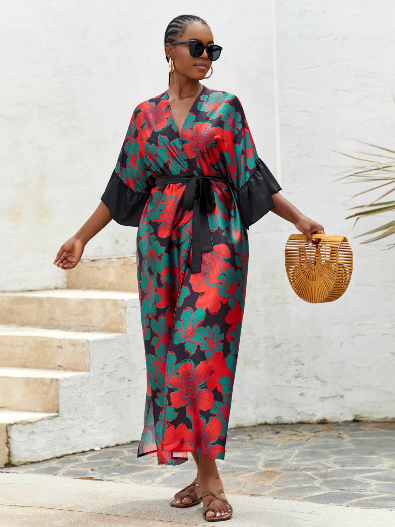 Plus Size Boho Kimono, damskie Plus nadruk lotosu kontrastowe wiązanie z długim rękawem z odkrytym przodem Kimono