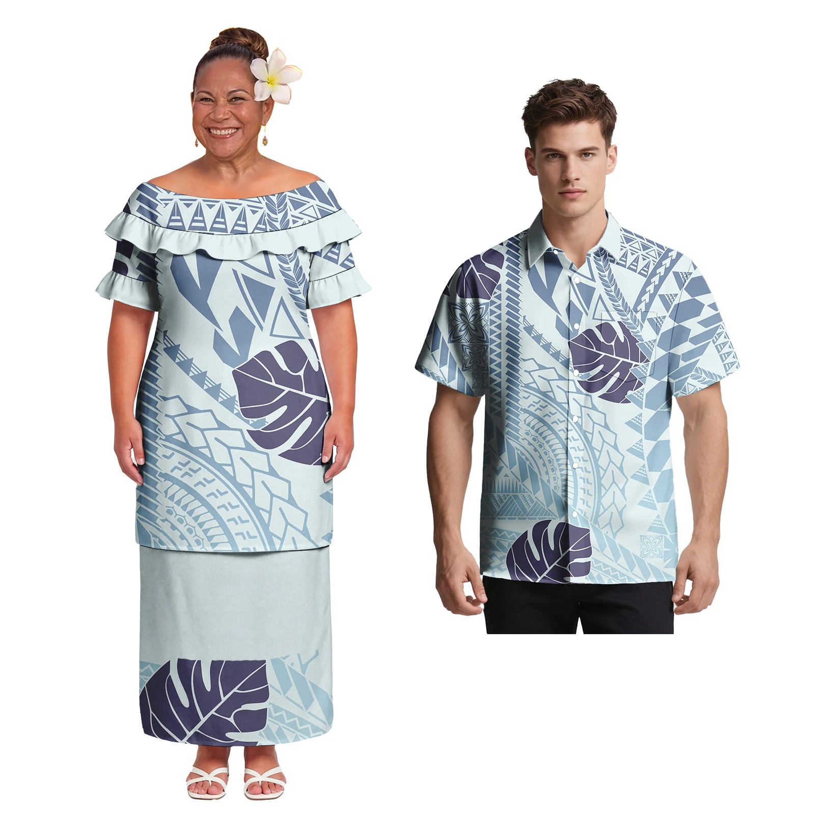Couple Suit Hawaiian Women Ruffle Neck Puletasi Samoan Men Party Shirts Polynesia Classic Tribal Design His-and-Hers Clothes