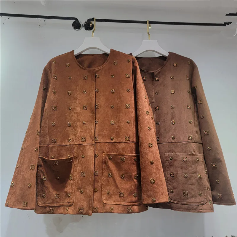 HKSH printemps automne nouvelles femmes veste Faux daim artisanat lourd perlé col rond poches élégant Streetwear français élégant manteaux HK12009