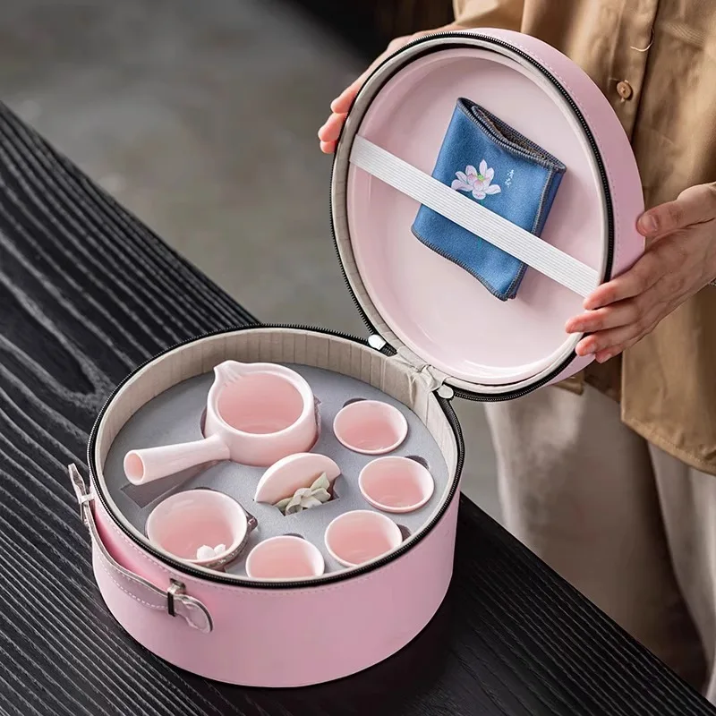 Roze met de hand geperst bloemenreistheeservies, draagbare keramische theepotbeker, luxe geschenkdoos voor het zetten van buiten